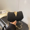 Elegant black glitter evening clutch bag with gold leaf clasp and metal chain strap - Black