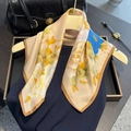 Beige mulberry silk square scarf with blue peony floral pattern on a gold hanger - 53*53cm / Beige Peony (ZS-523-Beige)