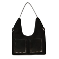 Borsa hobo nera in pelle opaca vintage con dettagli di borchie e tasche quadrate - Nero
