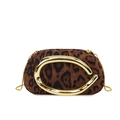 Brown leopard print suede clutch bag with large gold C-shaped metal handle and chain - Leopard Coffee