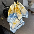 Elegant 100% mulberry silk square scarf featuring yellow roses and artistic lettering - 53*53cm / Beige Butterfly Art (ZS-524-Beige)