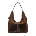 Borsa hobo in pelle scamosciata marrone con borchie argento e doppie tasche - Marrone
