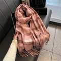 Pink plaid cashmere-like scarf with orange accents and long fringe tassels - 65*210cm / Pink