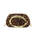 Leopard print faux suede box clutch bag with gold ring handle and metal chain strap - Leopard Brown