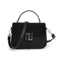 Sac à main classique en cuir noir avec panneau mat, poignée et boucle argentée - Noir