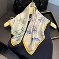 100% mulberry silk square scarf with purple floral and green bamboo leaf pattern - 53*53cm / Beige Purple Floral Bamboo (ZS-530-Beige)