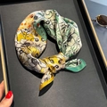 100% mulberry silk square scarf with yellow and green floral patterns in a ring display - 53*53cm / Green Yellow Line Floral (ZS-531-Green)