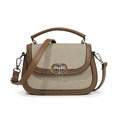 Elegante borsa a sella in tela beige con finiture in pelle marrone e chiusura a girello - Verde