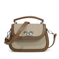 Vintage brown leather and beige woven saddle bag with top handle and silver buckle - Green
