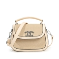 Elegant beige woven saddle bag with apricot faux leather trim and silver metal hardware - Off White