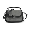 Fashionable black patchwork saddle bag with denim texture and silver buckle detail - Black