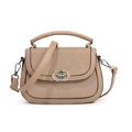 Beige woven saddle bag with leather trim and gold buckle, shown in a front variant view - Khaki