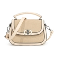 Beige faux leather and woven straw saddle bag with silver ring lock for women - Off White