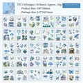 Set di 30 adesivi in PET acquerello blu con motivi di fiori e farfalle - Brezza Blu