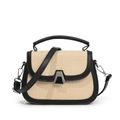 Borsa a sella vintage in paglia beige con finiture in pelle nera e fibbia - Nero e Beige