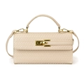 Cream woven leather crossbody bag with top handle and gold-tone twist lock - Beige