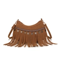 Bohemian brown tassel crossbody bag with ethnic geometric trim and metal coin charms - Brown