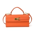 Vibrant orange woven crossbody bag with gold hardware and top handle for women - Orange