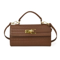 Dark brown woven texture lady handbag with gold clasp and detachable shoulder strap - Brown
