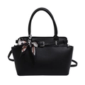 Sac fourre-tout noir classique en cuir grainé avec foulard en soie et bandoulière réglable - Noir
