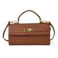 Brown woven texture handbag with gold metal clasp and detachable shoulder strap - Brown