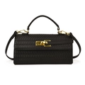 Classic black woven leather square handbag with golden metal twist lock and top handle - Black