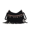 Black bohemian crescent fringe bag with ethnic woven strap and golden charms - Black