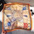 Vintage lotus square silk scarf with royal chain pattern and orange border on plush rug - Orange Red (Court Pattern)