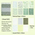 Papier en mesh materiaalset thema Forest Gauze met 15 vellen in mintgroen en wit - Bosgaas