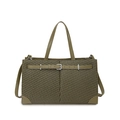 Olive green woven tote bag with adjustable shoulder strap and vintage metal buckle - Green