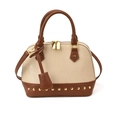 Bolso tipo concha retro con remaches y diseño bicolor en cuero sintético crema y marrón - Blanco Roto