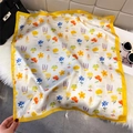 Silk square scarf featuring vintage floral patterns and vibrant yellow borders - Lemon Yellow (Tulip Slogan)