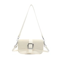Chic cream white leather and fabric crossbody bag with a large silver metal buckle - White
