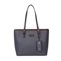 Borsa tote grigio scuro con motivo litchi, manici marroni e piccola pochette abbinata - Grigio