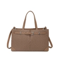 Sac fourre-tout tissé marron avec anses en cuir lisse et boucle argentée en variante - Khaki Foncé