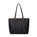Black pebbled leather tote bag with brown contrast trim and matching small pouch - Black