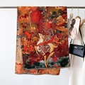 Detail of Chinese style jacquard scarf with sacred deer motifs and fine fringe edges - Red