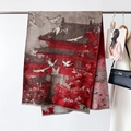 Detailed shot of cashmere-like shawl with flying cranes and Chinese architecture patterns - Dark Red