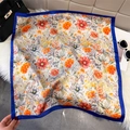 Vintage floral silk square scarf with orange lotus prints and navy blue border - Blue Border (Vintage Flowers)