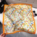 Floral square silk scarf in bright orange border finish with vibrant blossom pattern - Orange (Small Floral Print)