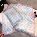 Elegant square silk scarf with blue waves and pink floral patterns on white fur background - Blue Pink (Wave Hibiscus)