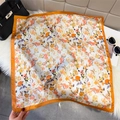 Floral square silk scarf in beige and orange, elegant vintage neckerchief for women - Orange (Fine Floral Border)