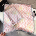 Pink and white wave pattern square silk scarf with hibiscus floral print and grey border - Peach Pink (Hibiscus Wave)