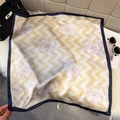 Silk square scarf with lilac hibiscus pattern and navy border on beige wavy base - Ginger Yellow (Hibiscus Print)