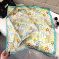 Retro lotus square silk scarf with turquoise border and summer sardine pattern - Cyan (Vacation Seafood)