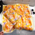 Vibrant floral satin square scarf with orange and purple abstract print and beige border - Orange (Warm Abstract Print)