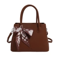 Brown litchi leather tote bag with silk scarf accessory and adjustable shoulder strap - Brown