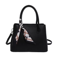 Black litchi grain leather tote bag with decorative geometric silk scarf and strap - Black