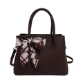 Dark brown large tote bag in pebble leather with stylish patterned handle scarf - Brown