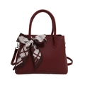 Burgundy lychee texture tote bag with elegant decorative silk scarf and leather handles - Burgundy